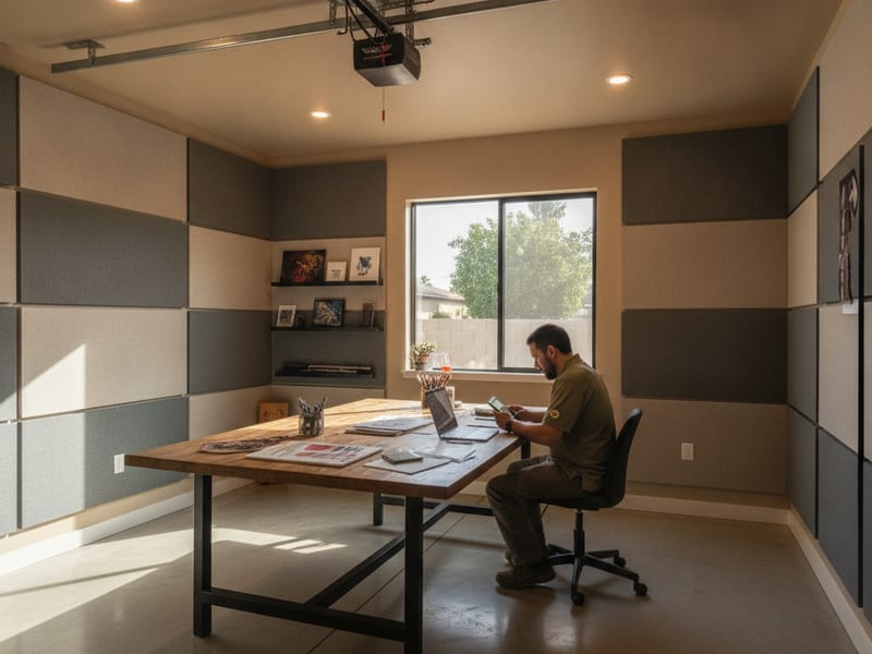 Converted garage studio space with insulated walls, LVP flooring, and recessed lighting in a San Diego County home