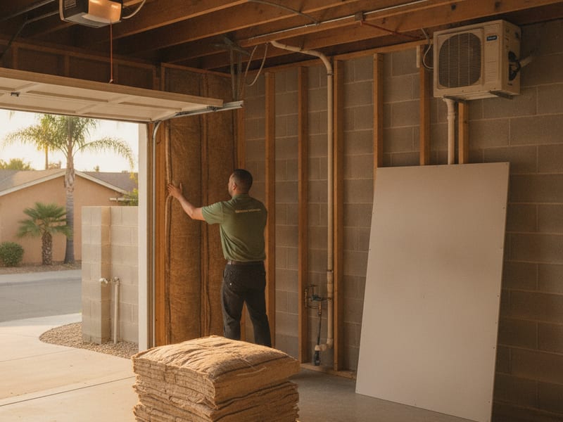Crew installing batt insulation in the framed walls of a San Diego County garage conversion before drywall