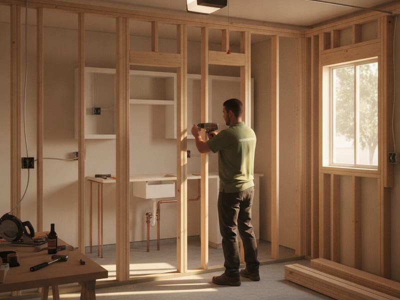 Interior of an attached garage being converted to a junior ADU in San Diego County with framing, insulation, and a new kitchenette rough-in underway