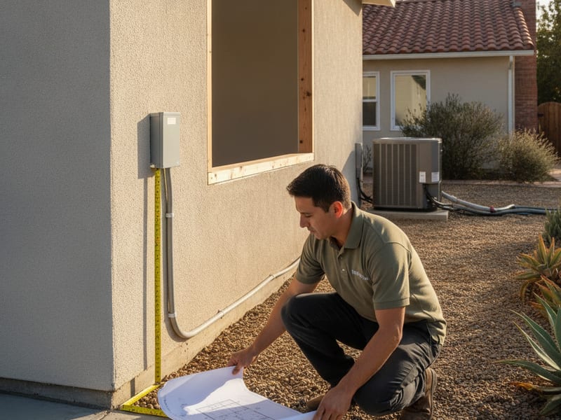 Architect and contractor reviewing garage conversion permit drawings and floor plans at a San Diego County property