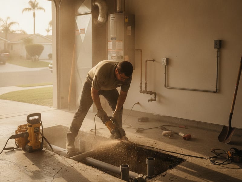 Plumber running new water supply and drain lines under a San Diego County garage slab for an ADU kitchen and bathroom rough-in